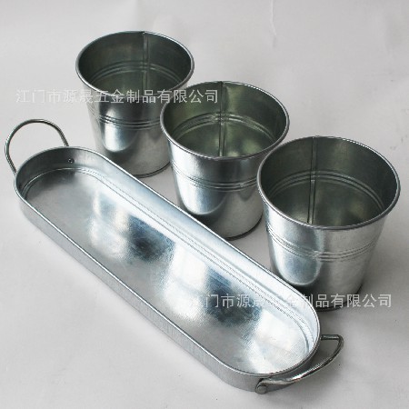 跨境北歐鐵皮花桶家居桌面式圓形復古鍍鋅鐵皮工藝金屬套裝花盆